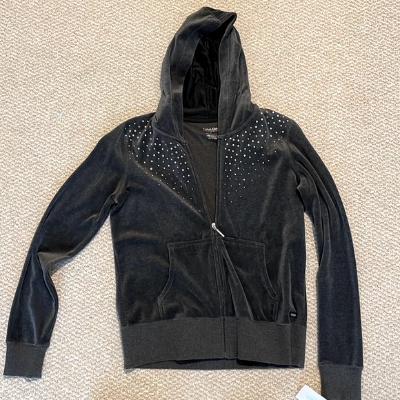 BRAND NEW Calvin Klein black velour hoodie, size S with rhinestones - Picture 1 of 5